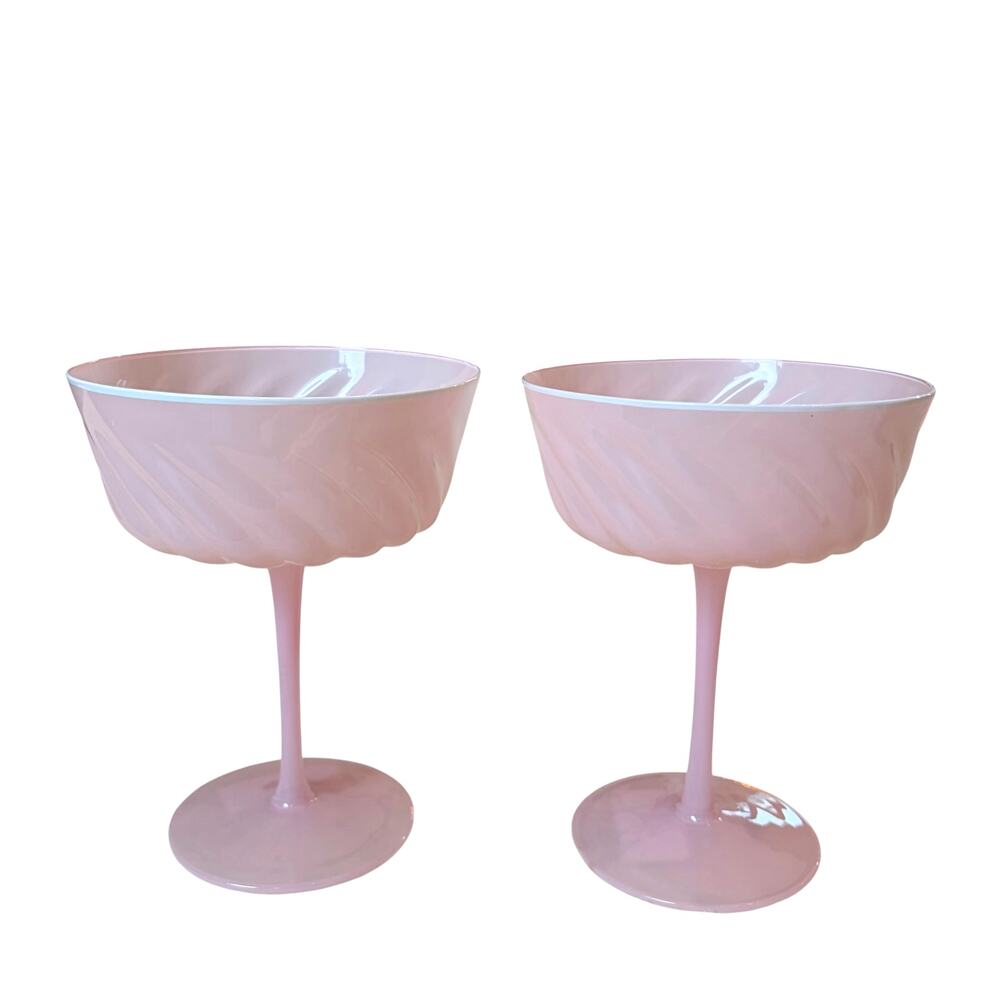 Pastel Pink Coquette Coupe Glasses Ribbed Vintage Style Barware Set of 2 NEW